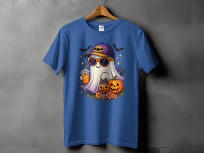 Ghost with sunglasses and a Batman hat holding a drink, with pumpkins.