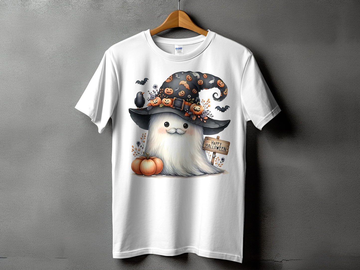 White t-shirt with a cute ghost wearing a witch hat and a "Happy Halloween" sign.