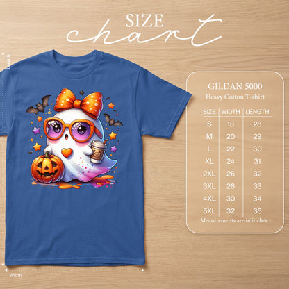 Blue Gildan 5000 heavy cotton t-shirt with ghost graphic and size chart.
