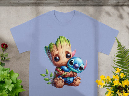Groot hugging Stitch on a light blue t-shirt.
