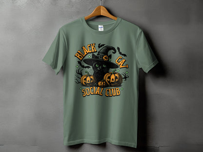 Green t-shirt with black cat, pumpkins, bats, and text "Black Cat Social Club".