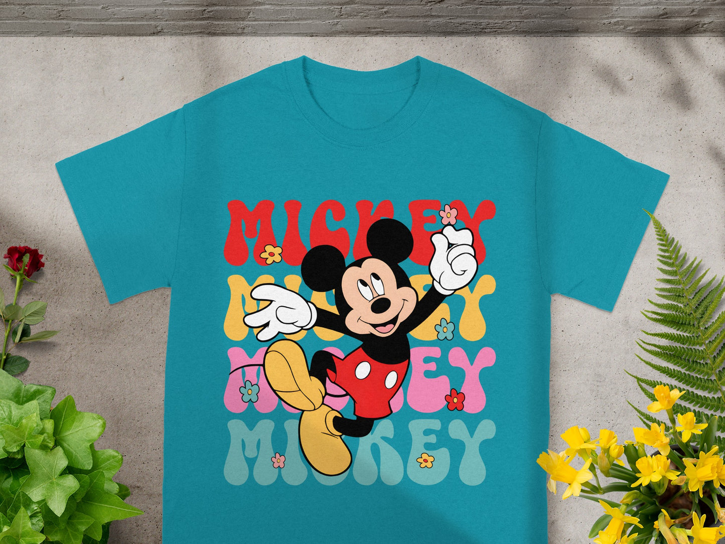 Teal t-shirt with Mickey Mouse and "Mickey Mickey" text.