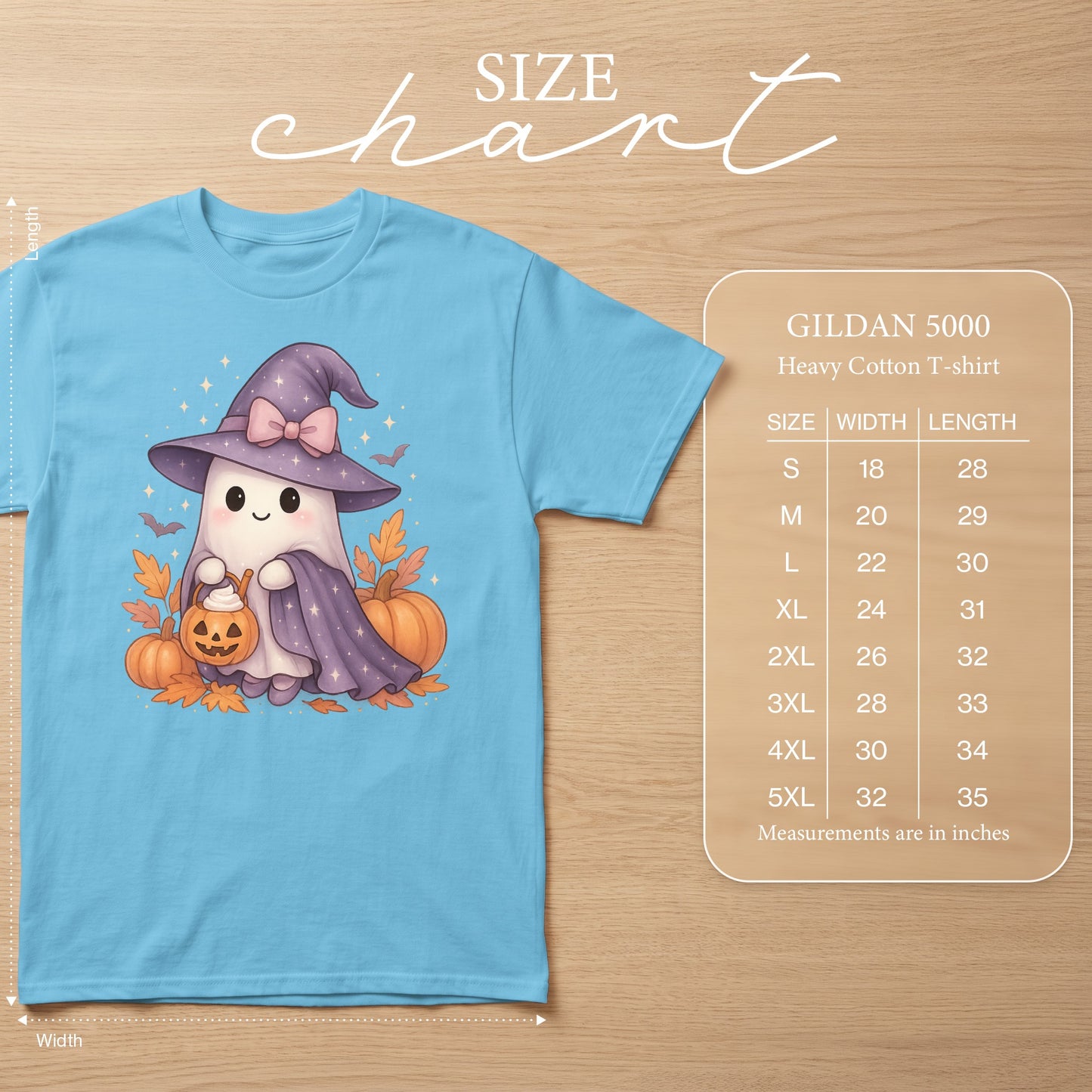 Light blue Gildan 5000 heavy cotton t-shirt with ghost design and size chart.