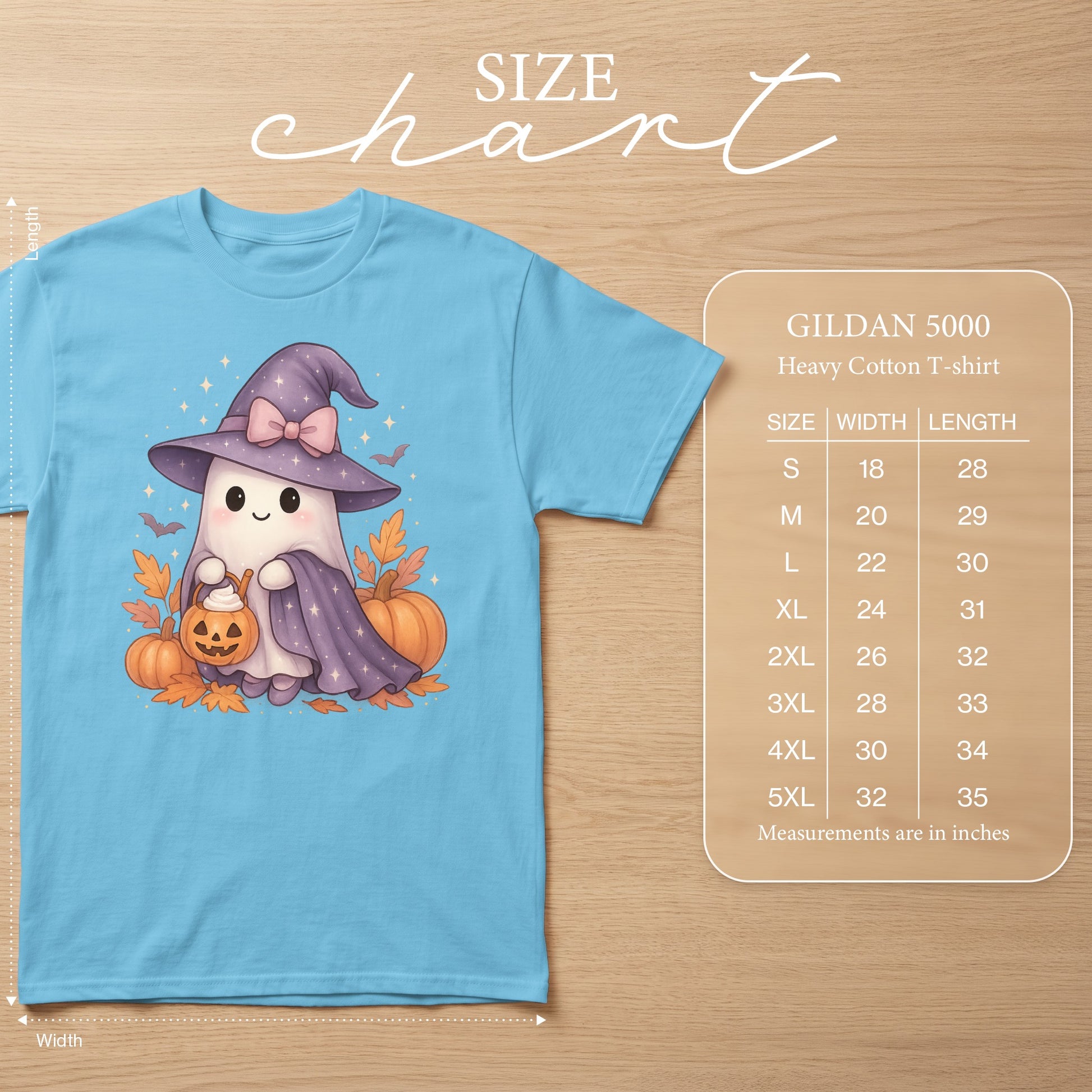Light blue Gildan 5000 heavy cotton t-shirt with ghost design and size chart.
