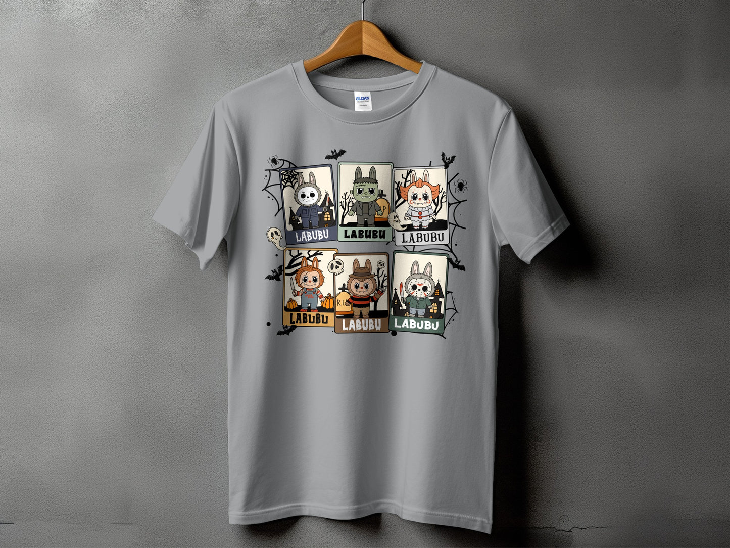 Grey t-shirt with a grid of six Halloween-themed cartoon characters, each labeled "LABUBU".