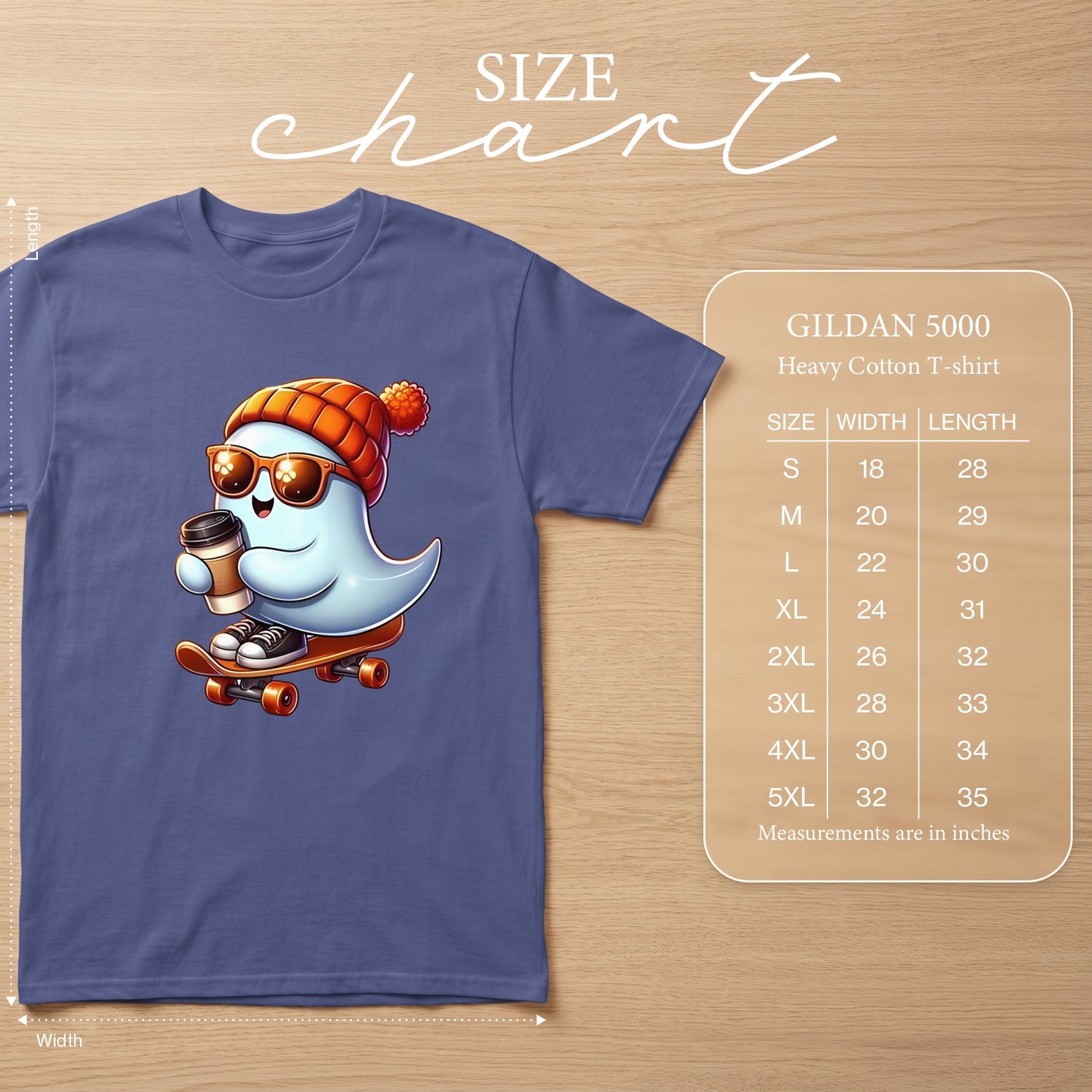 Ghost graphic on purple Gildan 5000 heavy cotton t-shirt with size chart.