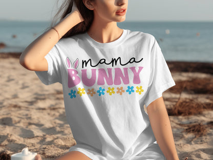 Cute Mama Bunny Graphic Tee with Flower Accents