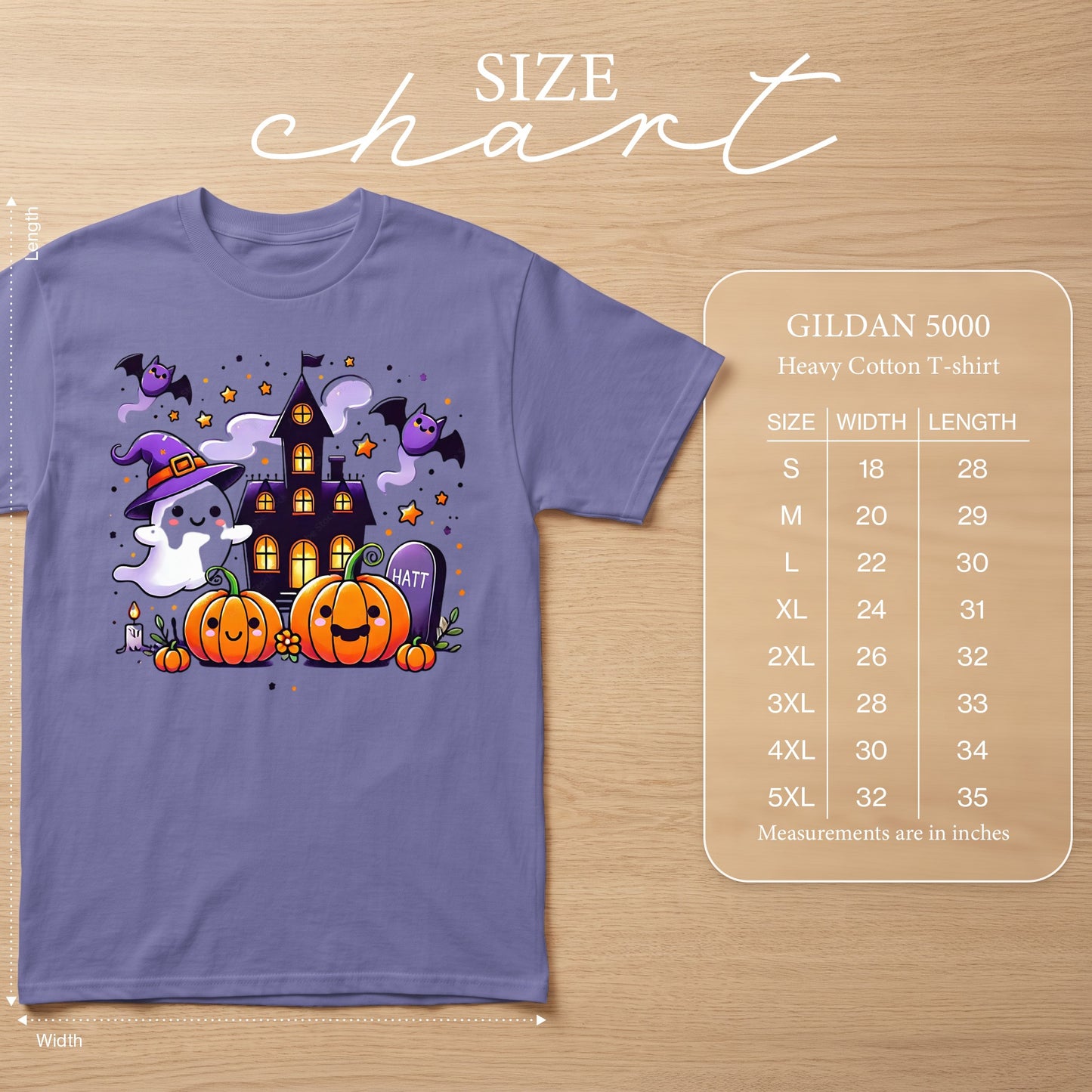 Purple t-shirt with Halloween graphic and Gildan 5000 size chart.