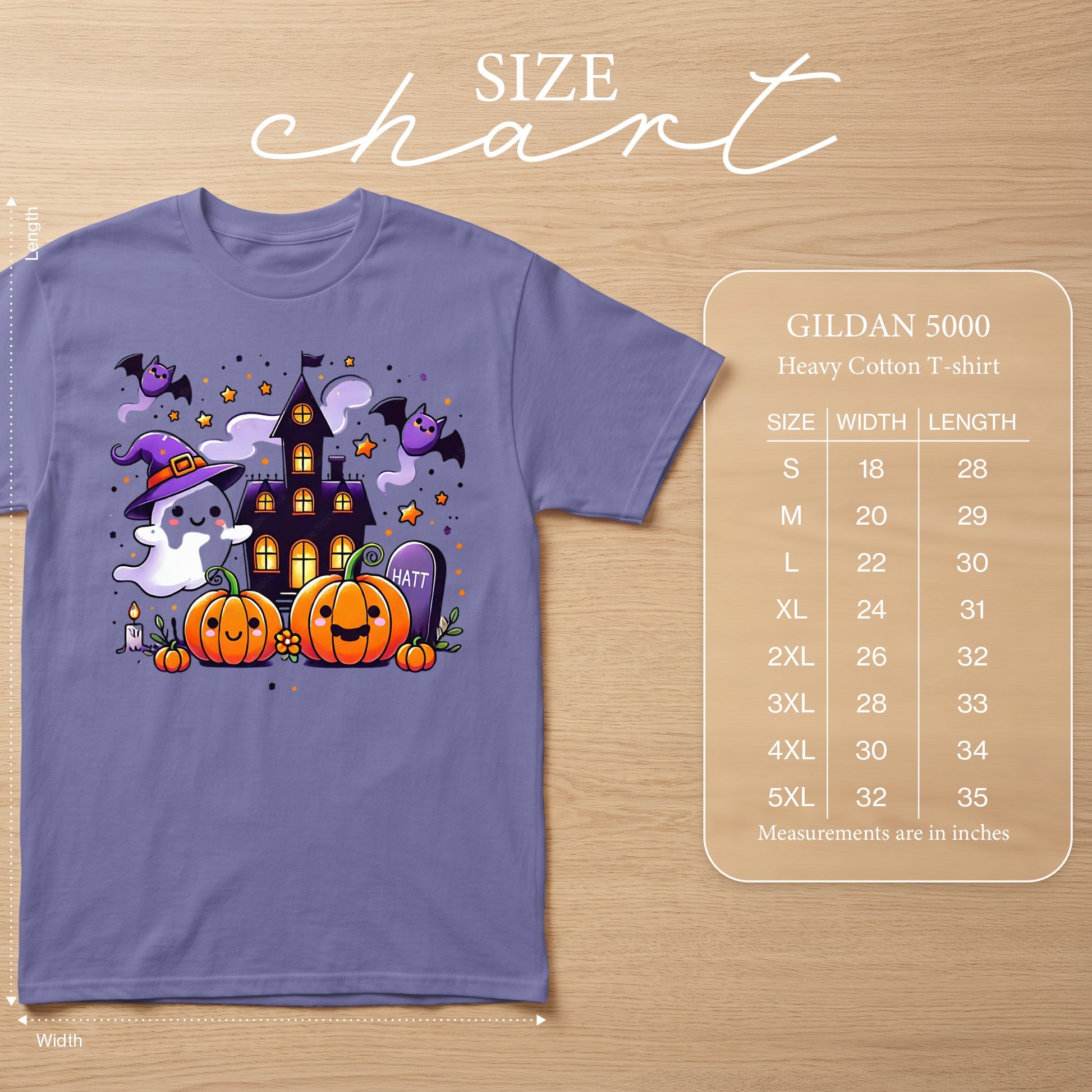 Purple t-shirt with Halloween graphic and Gildan 5000 size chart.