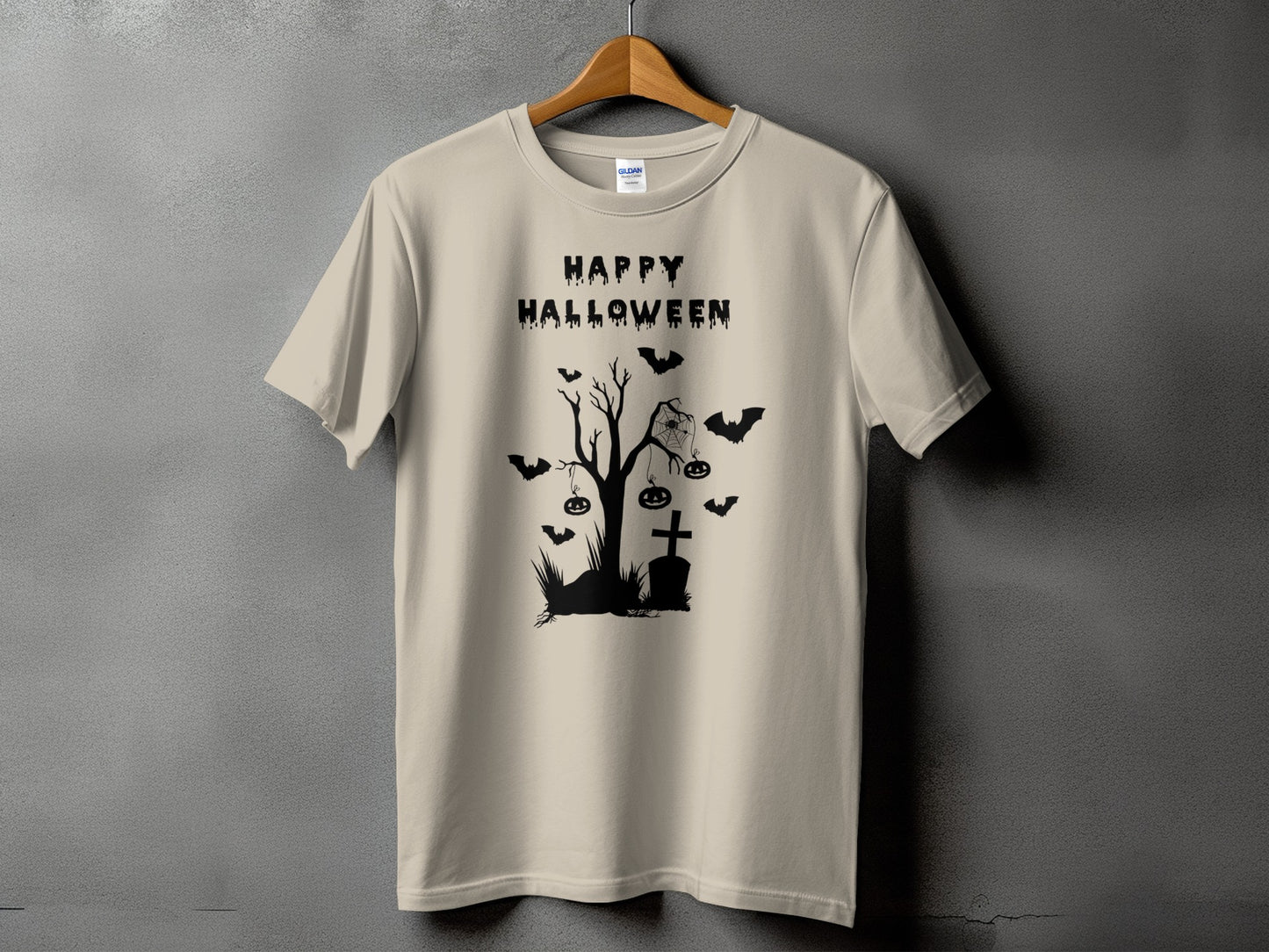Light beige t-shirt with black Halloween graphic and text.