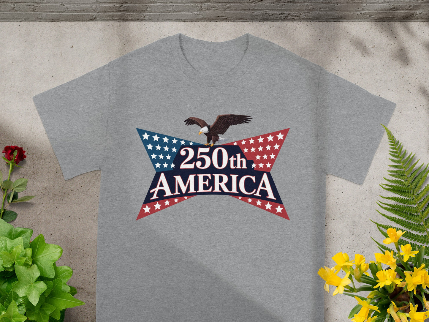 Grey t-shirt with "250th AMERICA" text and eagle on starry banner.