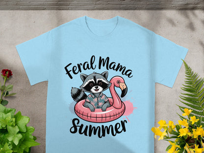 Feral Mama Summer Raccoon In Flamingo Floatie T-shirt