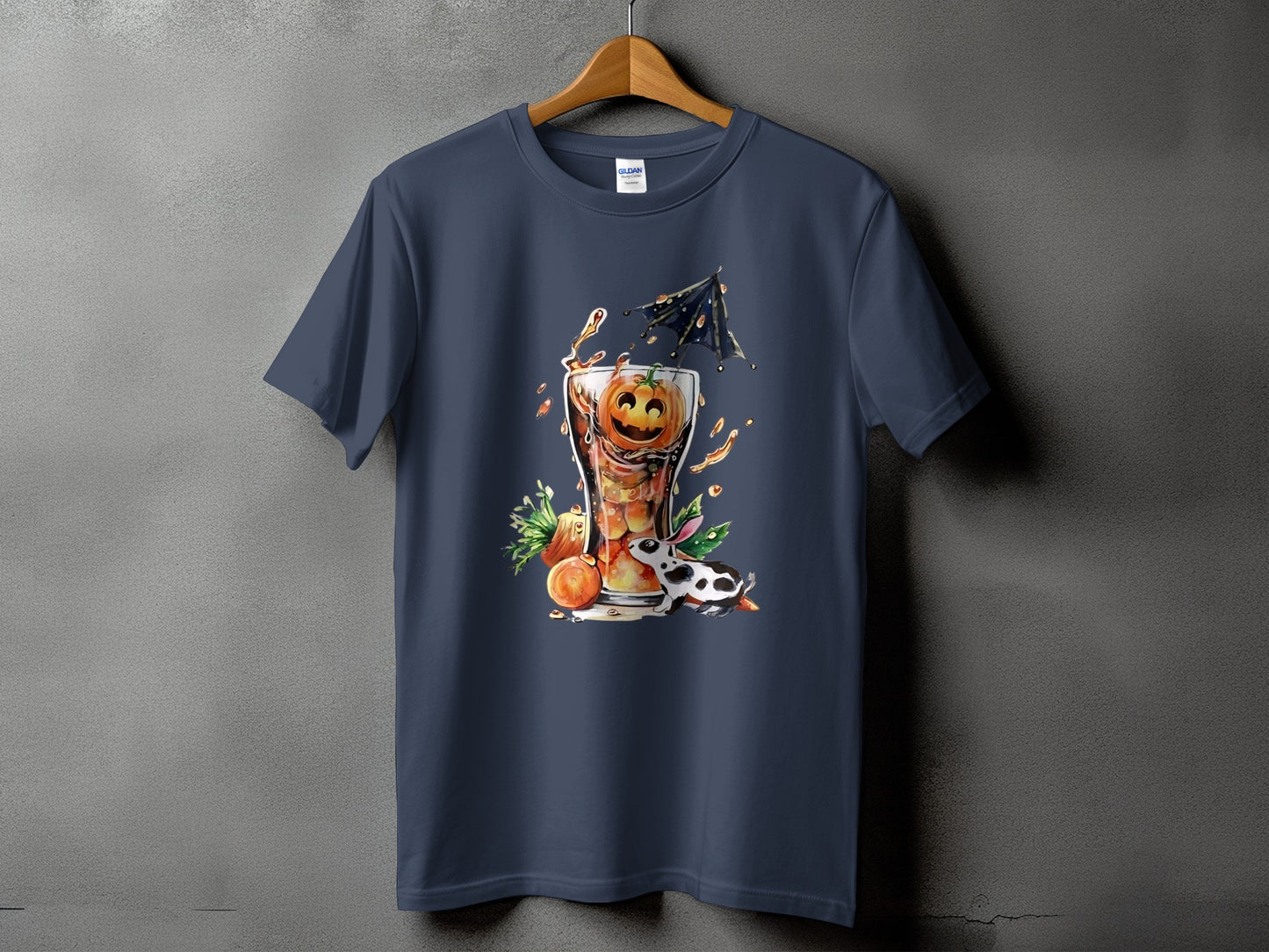 Dark navy t-shirt with a graphic of a Halloween cocktail and a bunny.