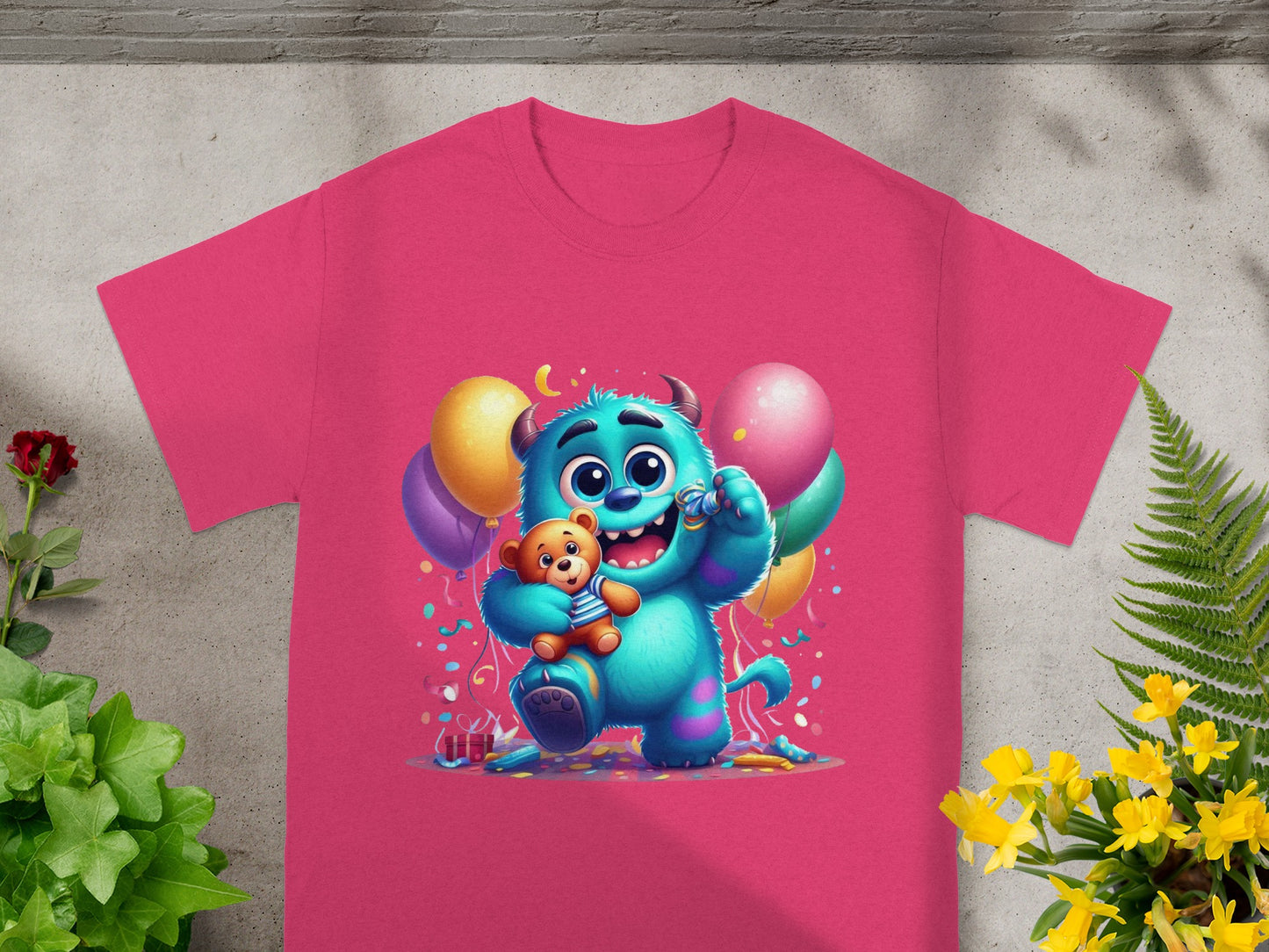 Pink t-shirt with blue monster holding teddy bear, surrounded by balloons and confetti.