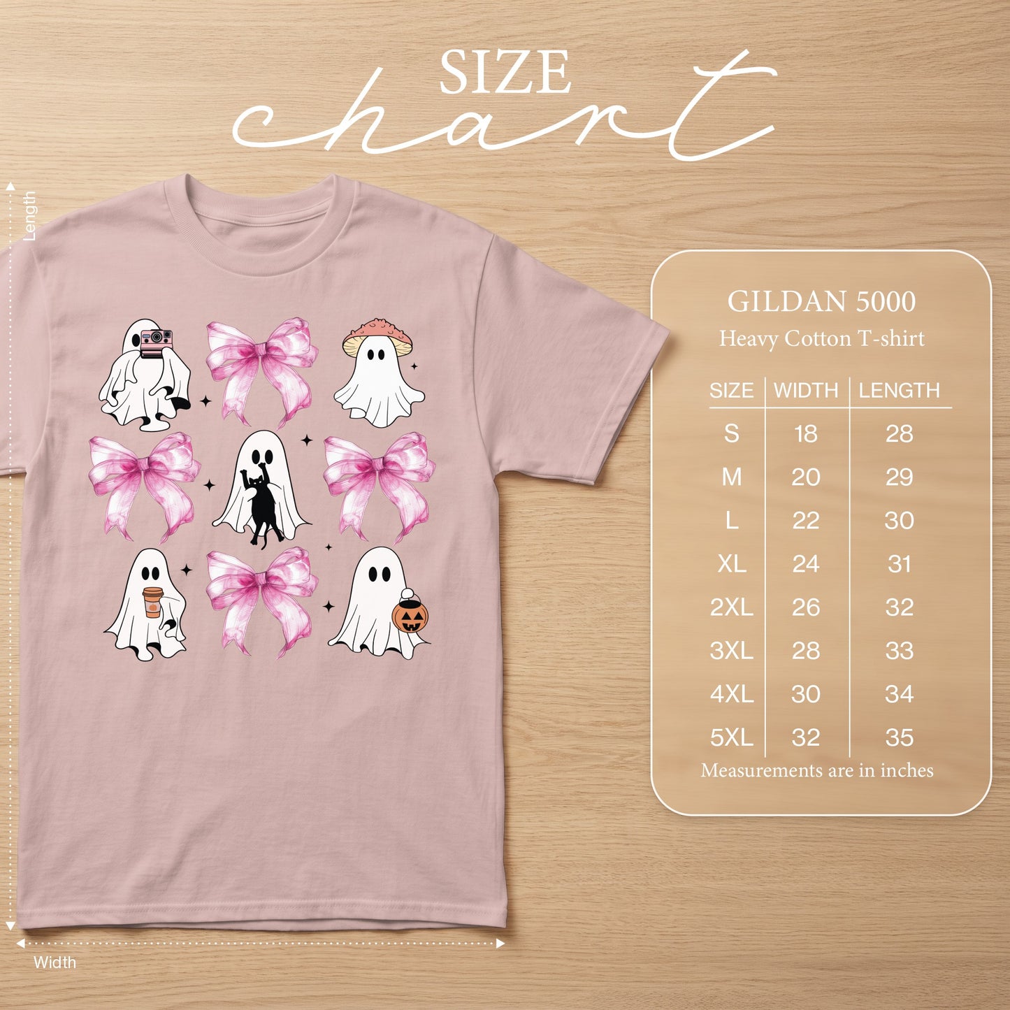 Pink t-shirt with ghost graphic and size chart.