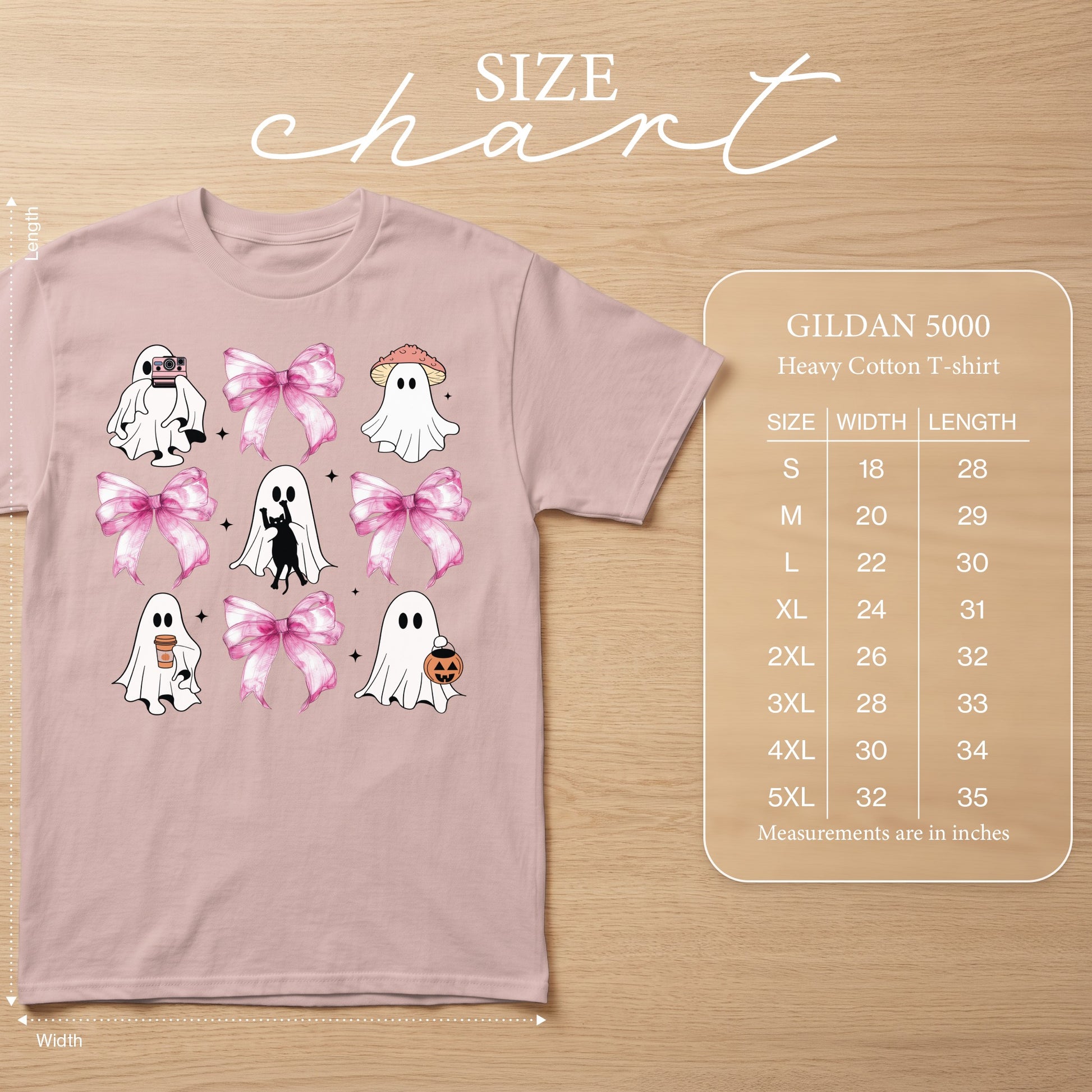 Pink t-shirt with ghost graphic and size chart.