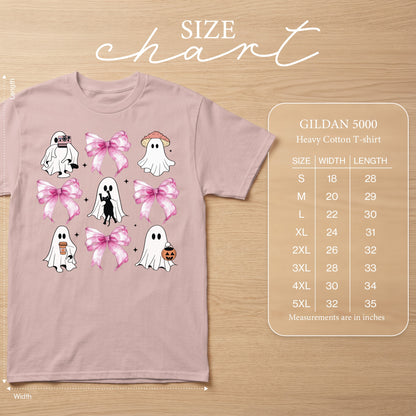 Pink t-shirt with ghost graphic and size chart.