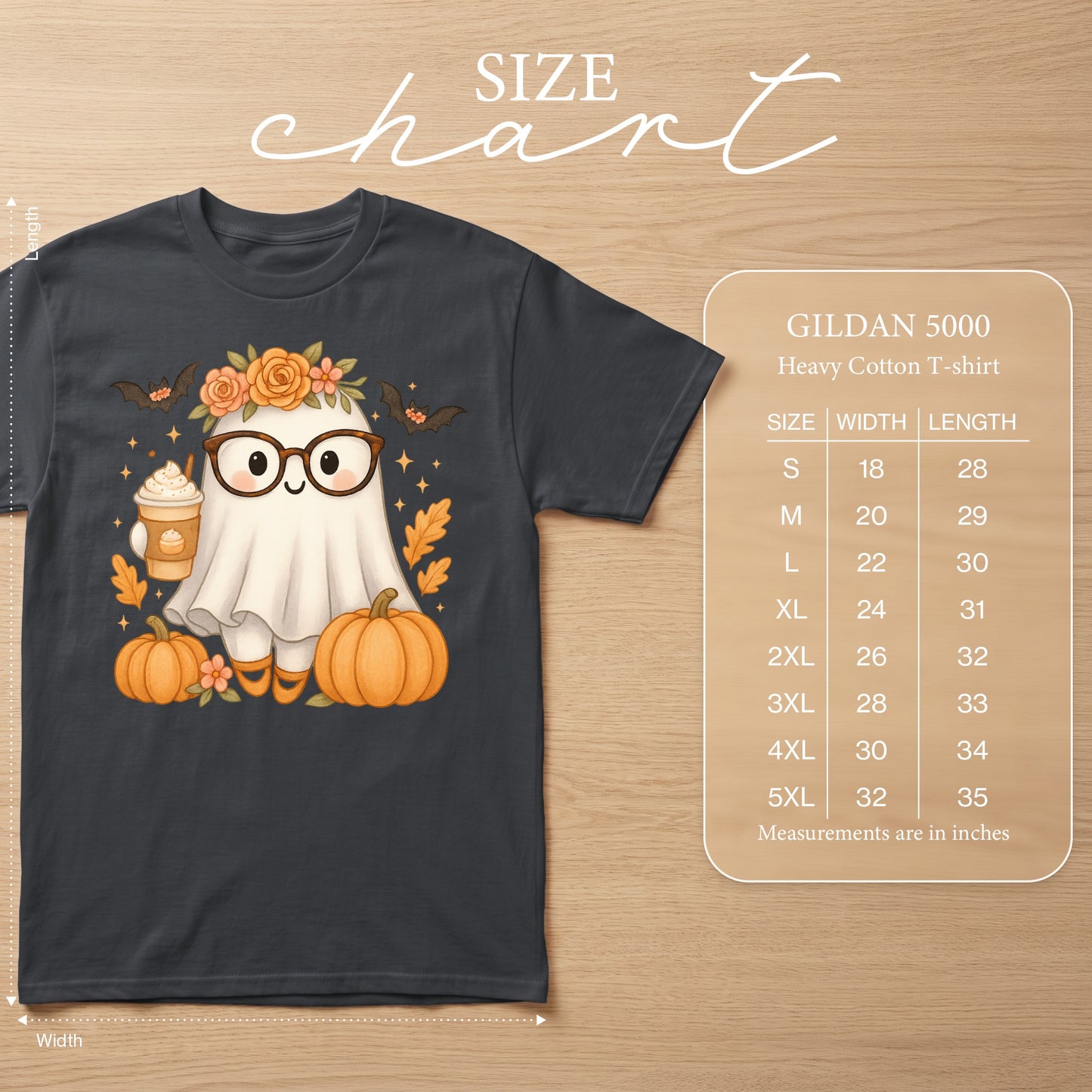 Dark grey t-shirt with a cute ghost graphic, pumpkins, and a size chart.