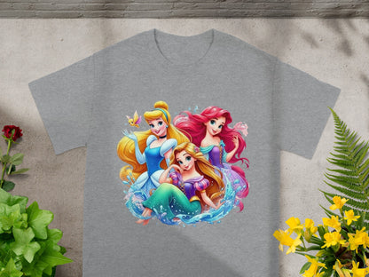 Three Disney princesses in a splash of water with a butterfly.
