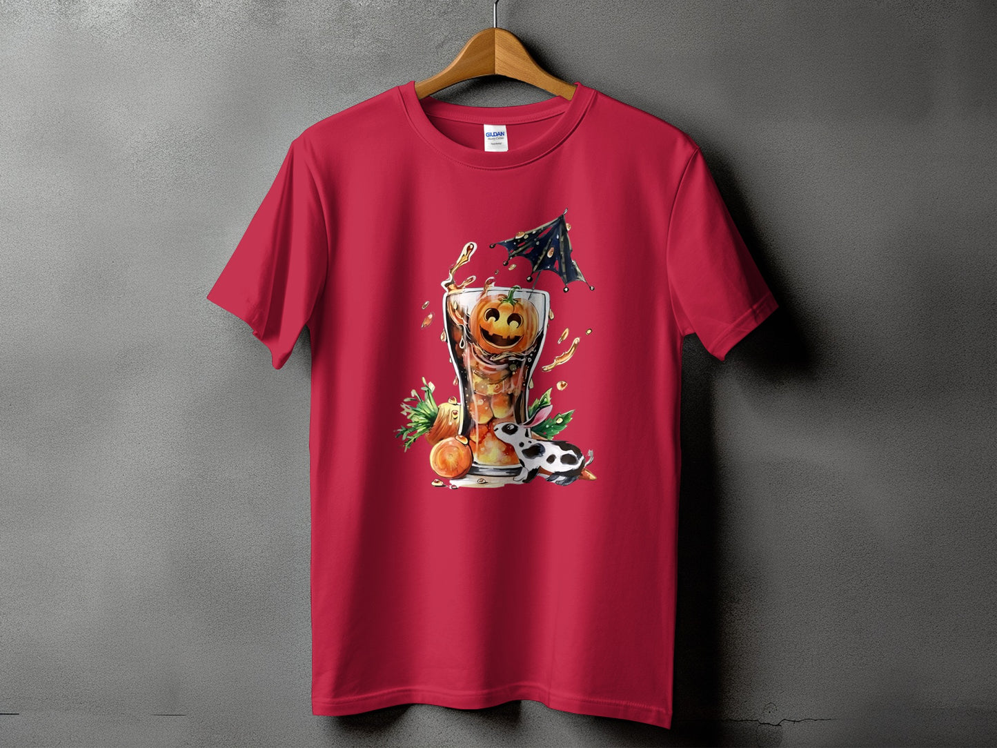 Red t-shirt with Halloween drink graphic featuring jack-o'-lantern, black umbrella, and cow.