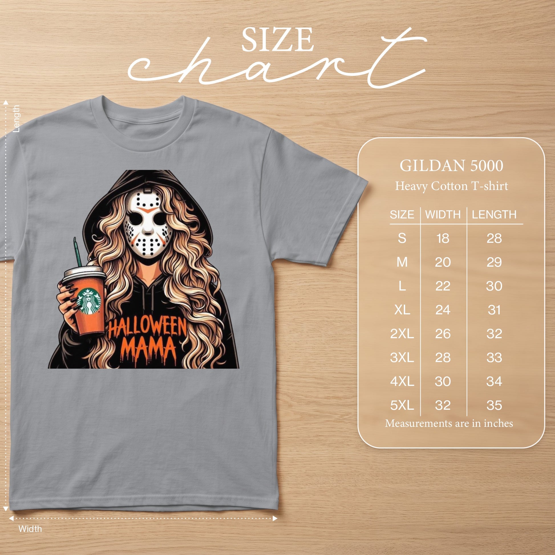Gray Gildan 5000 t-shirt with Halloween Mama graphic and size chart.