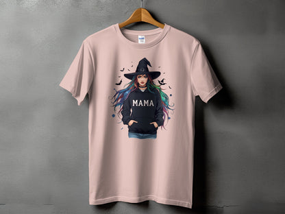Pink t-shirt with witch graphic and the word "MAMA".