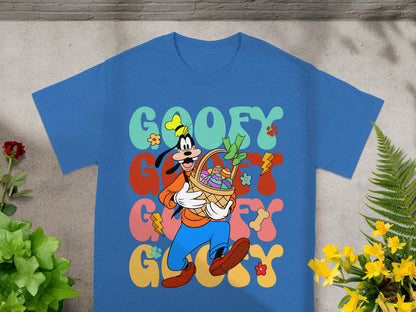 Goofy in blue pants carrying a basket of Easter eggs and flowers.