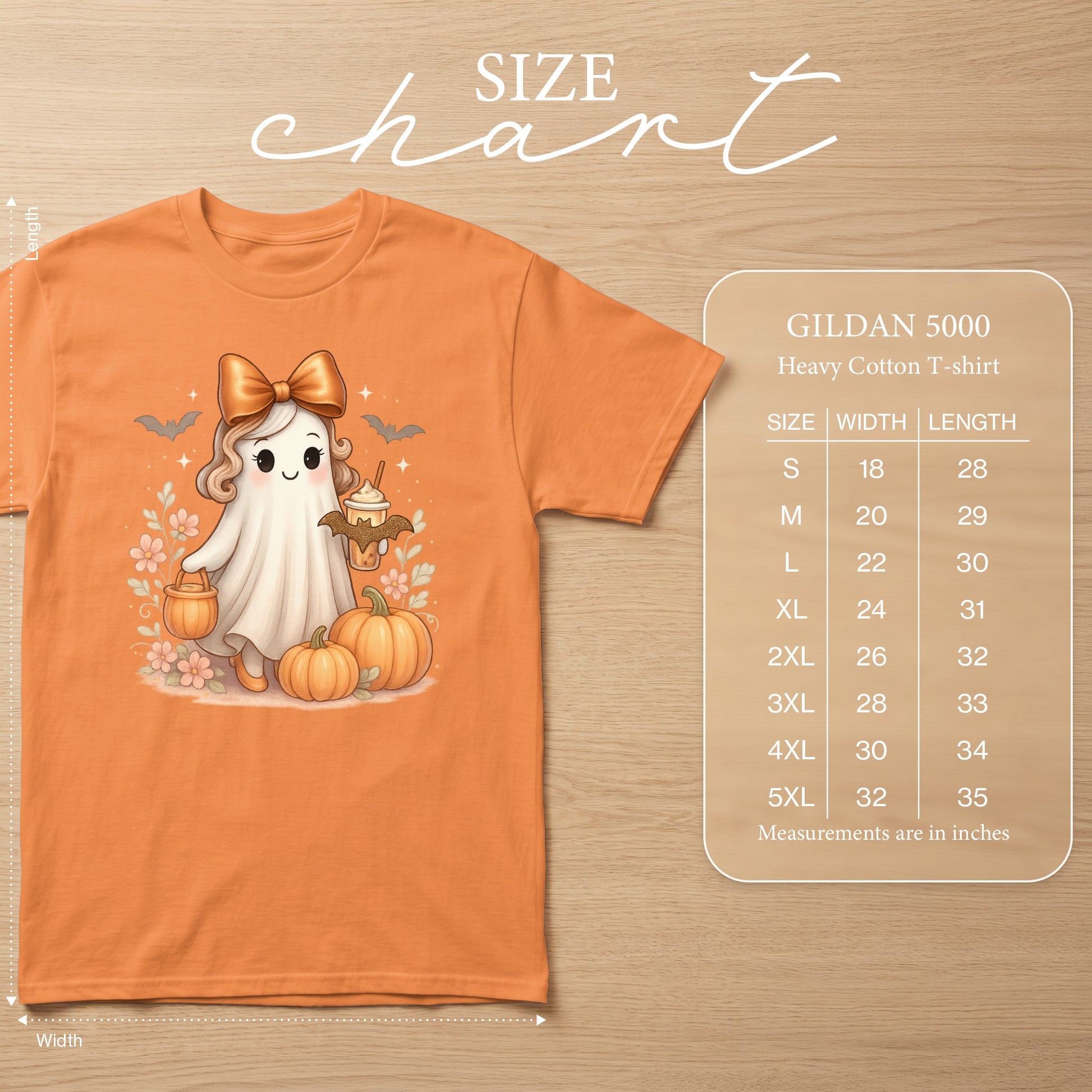Orange Gildan 5000 t-shirt with cute ghost, pumpkins, and a size chart.