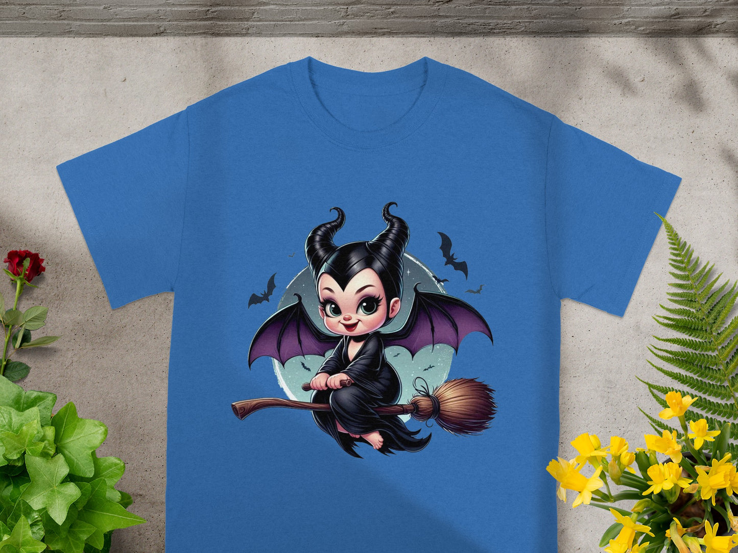 Illustration of a cute cartoon witch flying on a broomstick with bats.