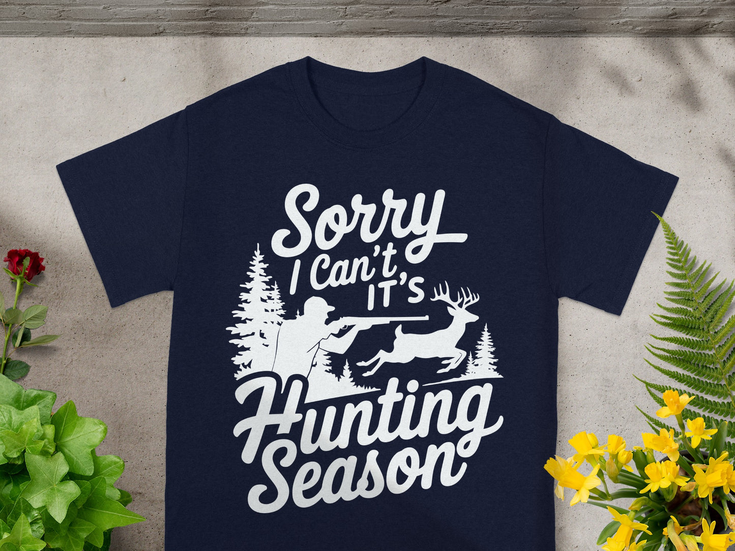 Navy t-shirt with white text and hunting graphic.