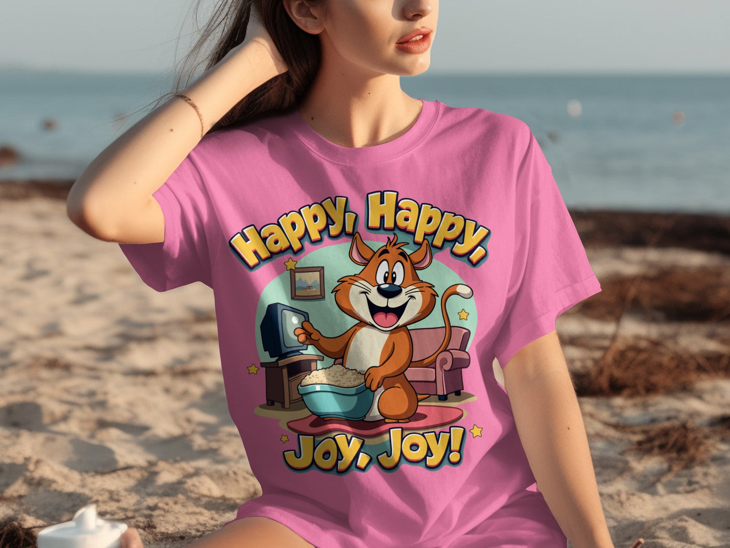 Happy Happy Joy Joy Cat Cartoon Graphic T-shirt