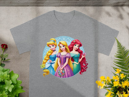 Grey t-shirt with Disney princesses Rapunzel, Cinderella, and Ariel on a blue circular background.