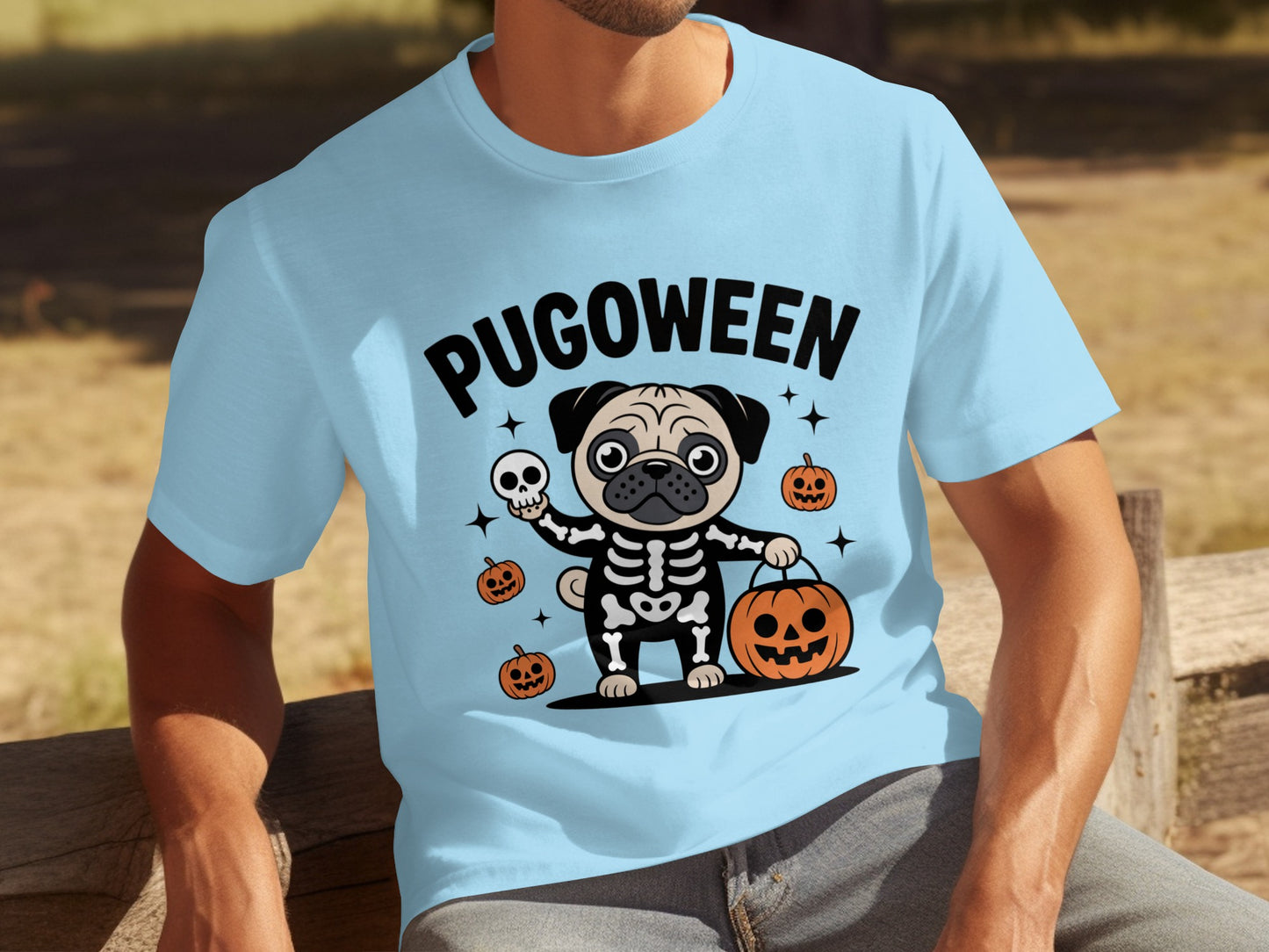 Pugoween Skeleton Dog and Pumpkins Halloween T-Shirt