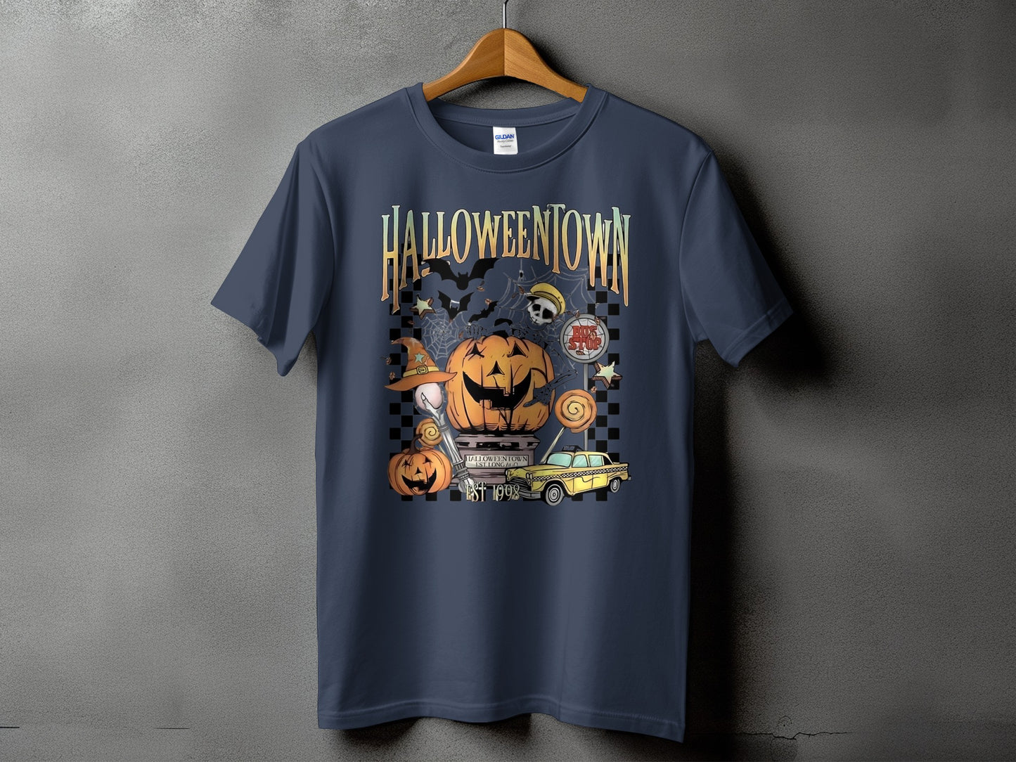 Dark blue t-shirt with "HALLOWEENTOWN EST 1998" and Halloween graphics.