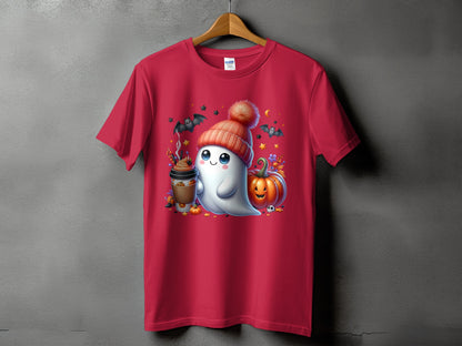 Ghost with pumpkin, coffee, and bats on a red t-shirt with Halloween theme.