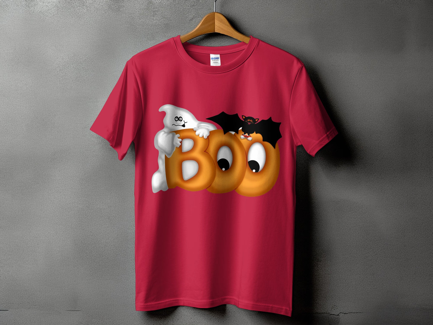 Red t-shirt with a cartoon ghost and bat spelling out "BOO" for Halloween.