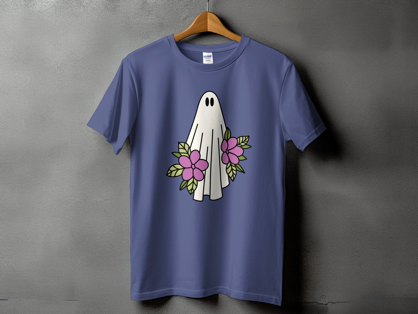 Periwinkle t-shirt with a white ghost and pink flowers graphic.