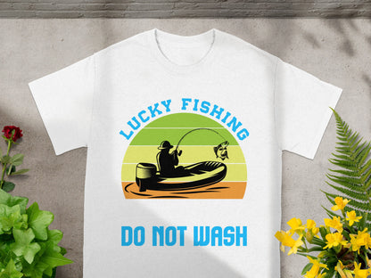 White t-shirt featuring a graphic of a fisherman in a boat with text "LUCKY FISHING" and "DO NOT WASH".