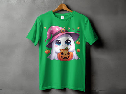 Green t-shirt with a cartoon ghost wearing a pink witch hat holding a jack-o'-lantern.