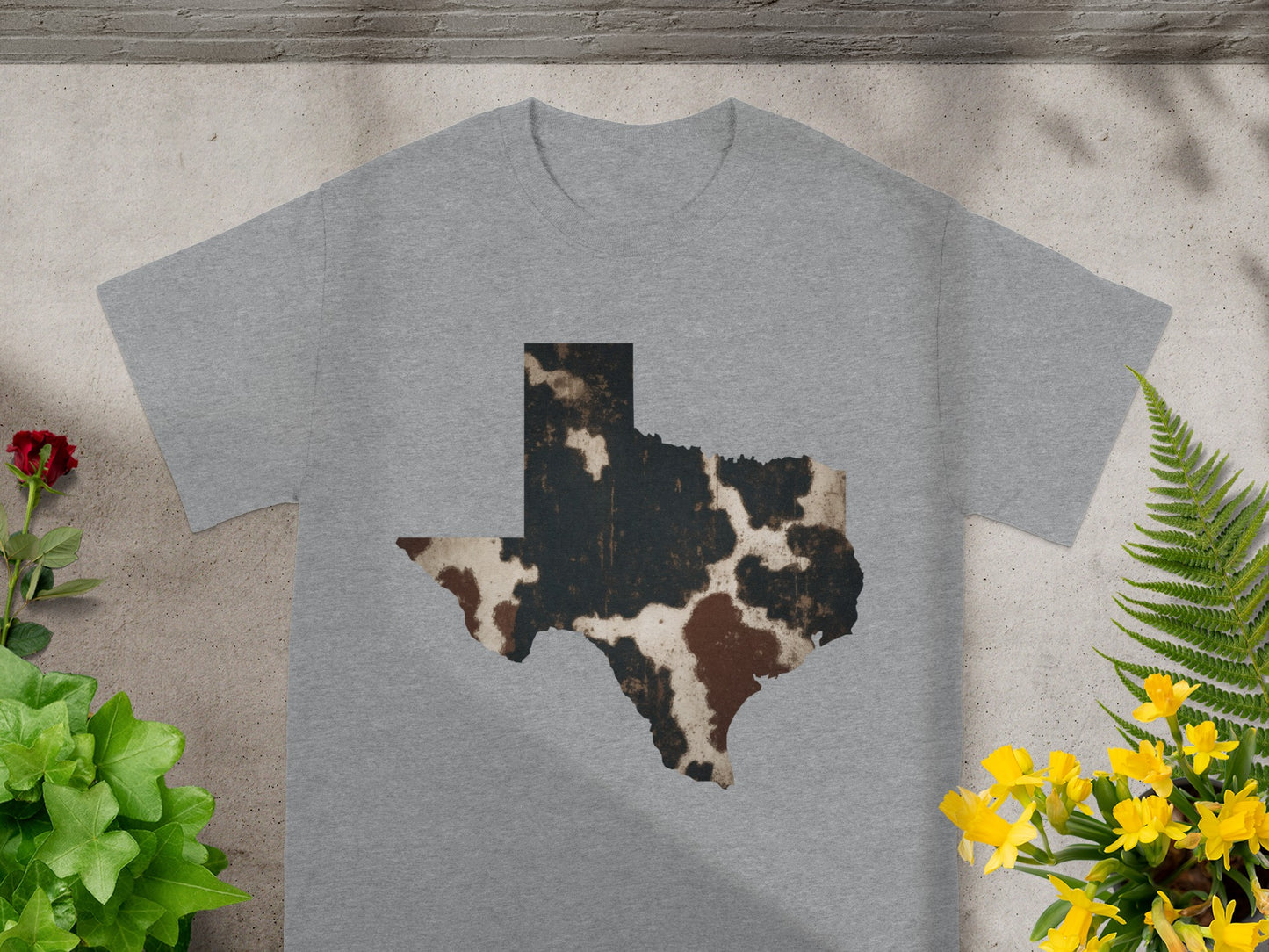 Grey t-shirt with Texas shape in cowhide print.