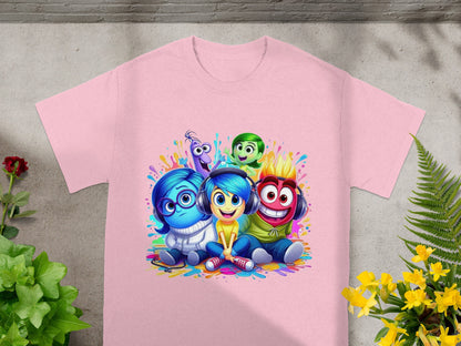 Joy, Sadness, Anger, Fear, and Disgust characters on a pink t-shirt.