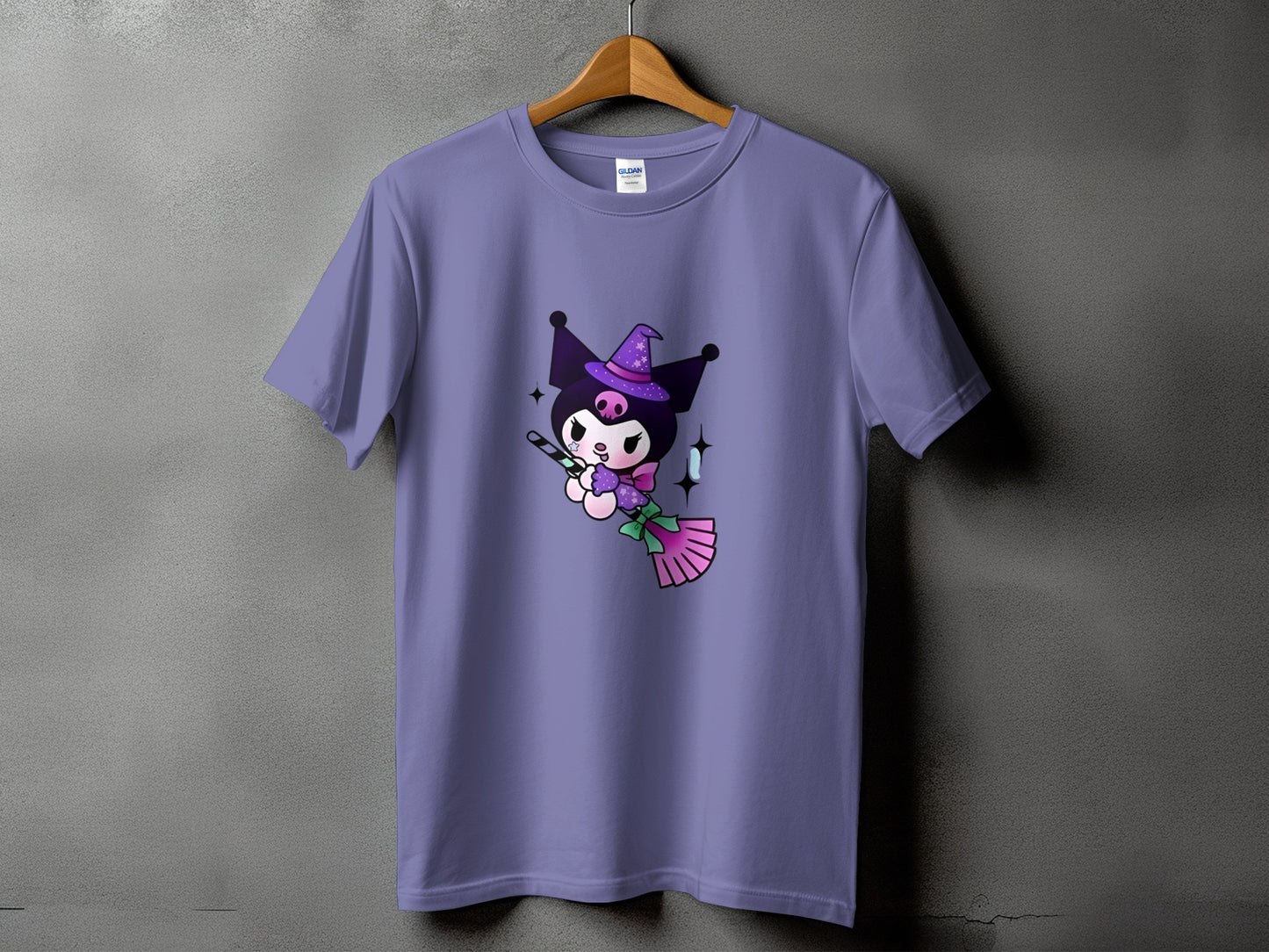 Purple t-shirt with Kuromi wearing a witch hat flying on a broom