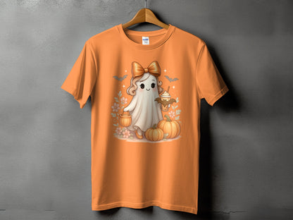 Orange t-shirt with a cute ghost character holding a pumpkin and a drink.