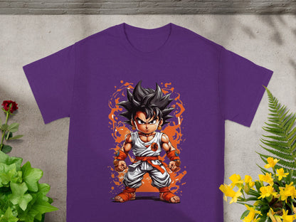Goku in an action pose wearing a purple t-shirt with orange accents.