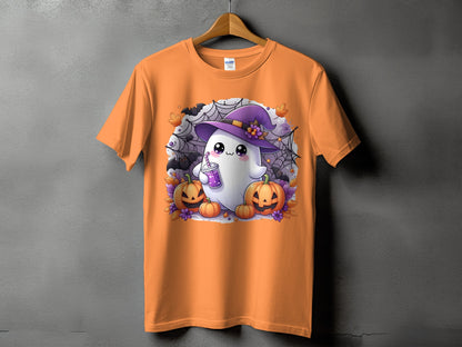 Orange t-shirt with a cute ghost wearing a witch hat and holding a drink.