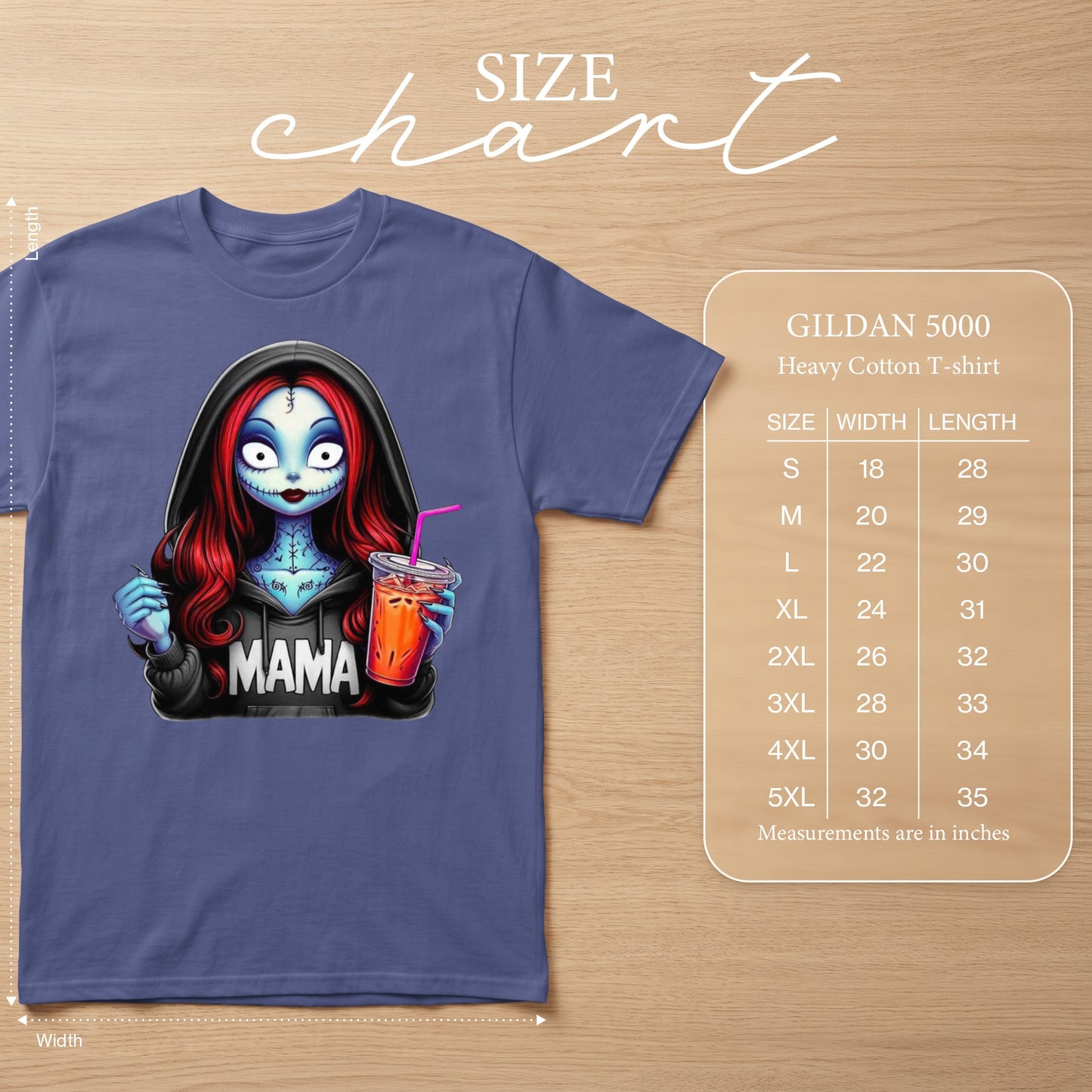 T-shirt with a gothic mama design and a size chart for Gildan 5000 Heavy Cotton T-shirts.