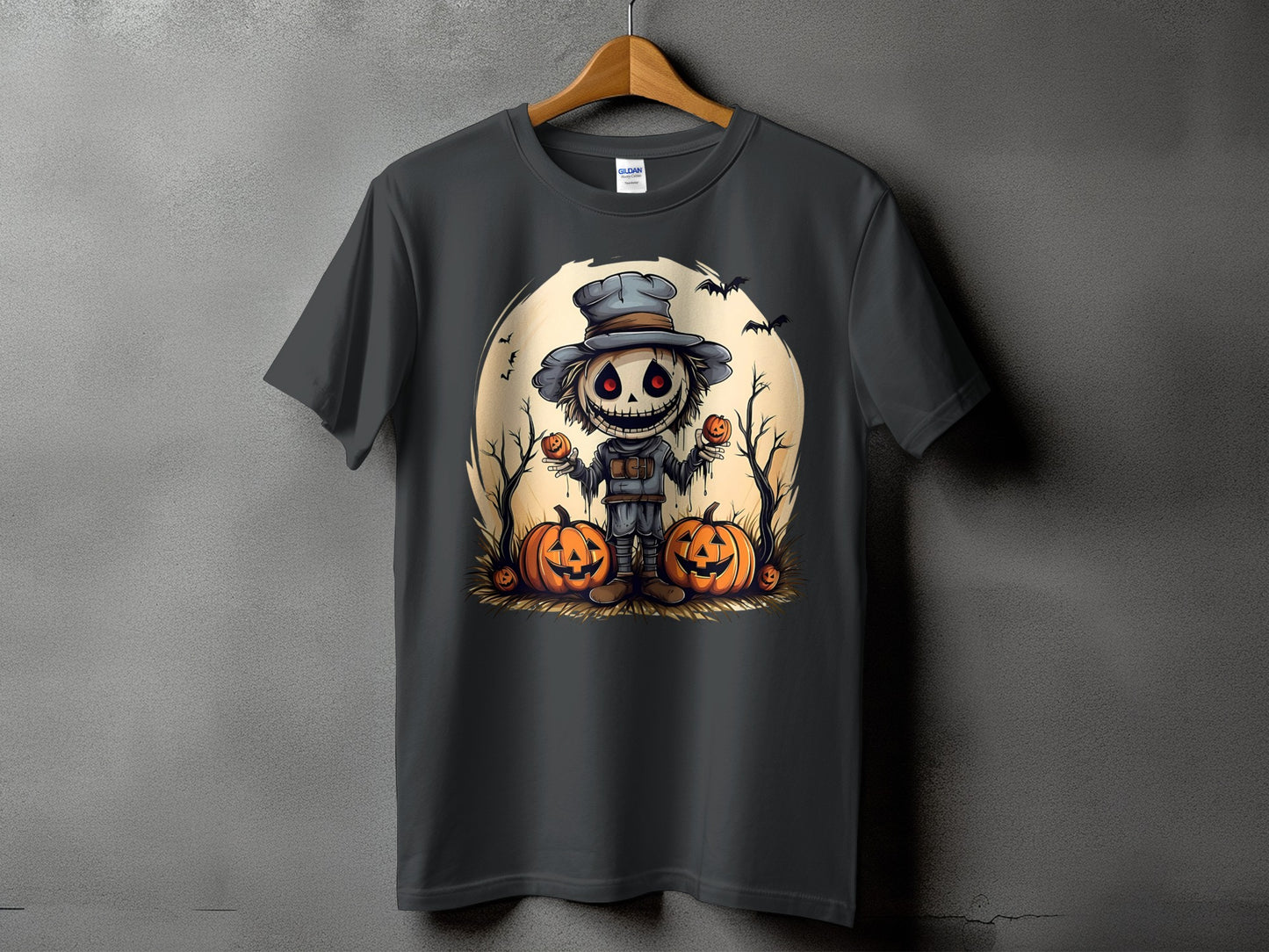 Scarecrow with pumpkins and bats design on a charcoal t-shirt.