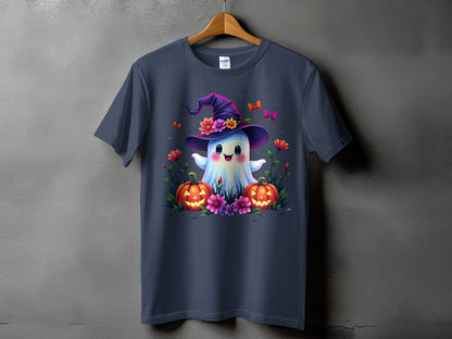Cute ghost wearing witch hat with pumpkins, flowers, and butterflies for Halloween.
