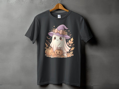 Ghost with witch hat and pumpkins graphic on a dark t-shirt.