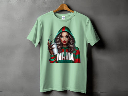 Mint t-shirt with graphic of a woman in a green and red hooded sweatshirt with "Mama" text.
